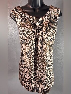 Violet & Claire Leopard Print Satin Blouse with Draped Ruffled Neckline Size XL